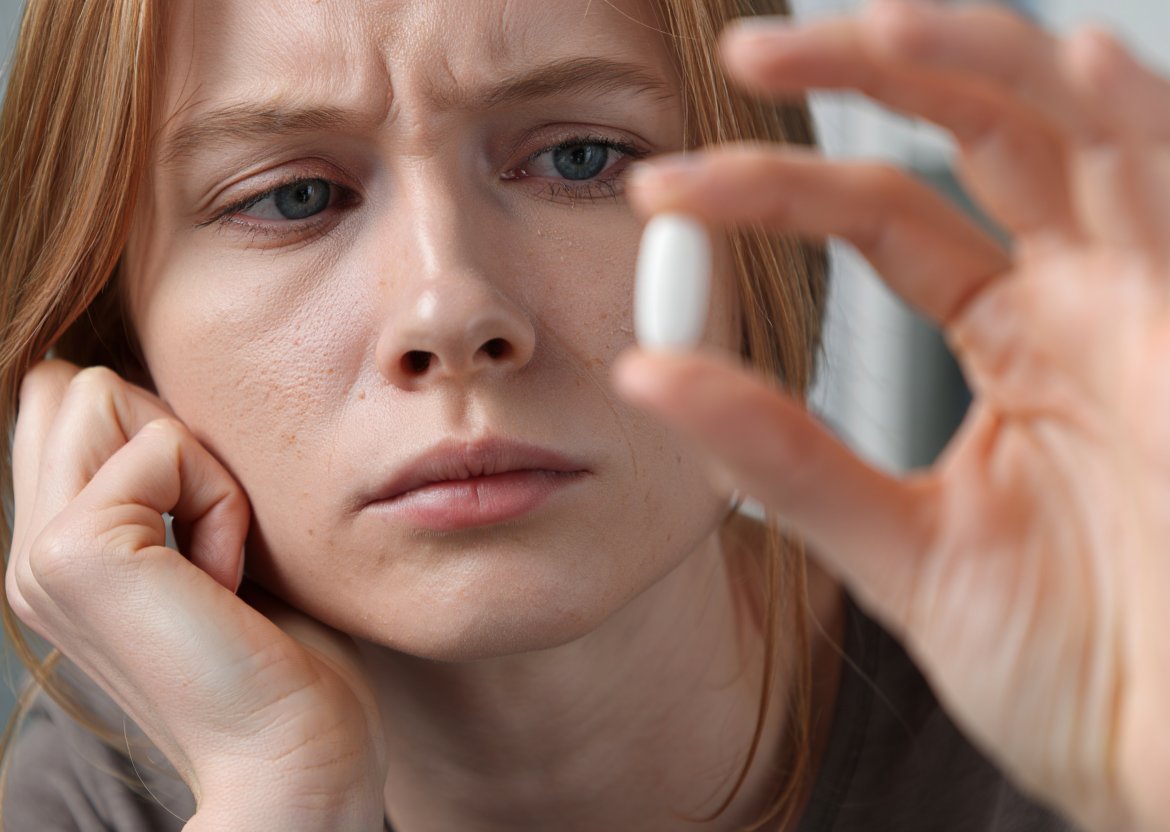 Девушка держит в руках таблетку